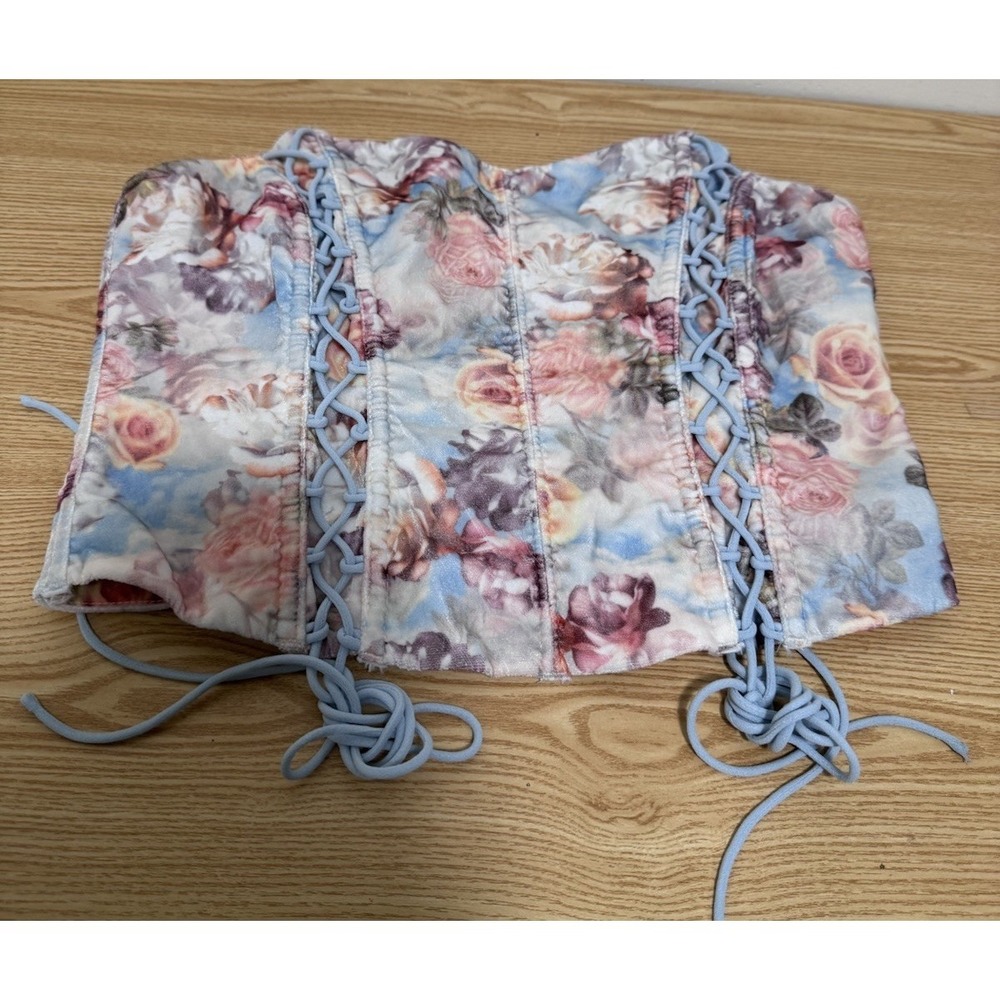 For Love And Lemons Kaylee Blue Floral Velvety Crop Top Bustier Embroidered Sz S